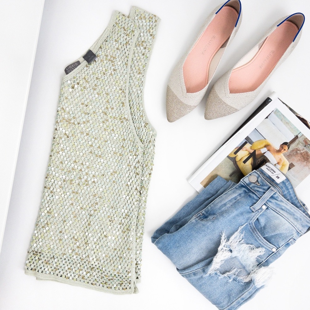 SIGRID OLSEN . Hand Knit Sequin Shell in Mint